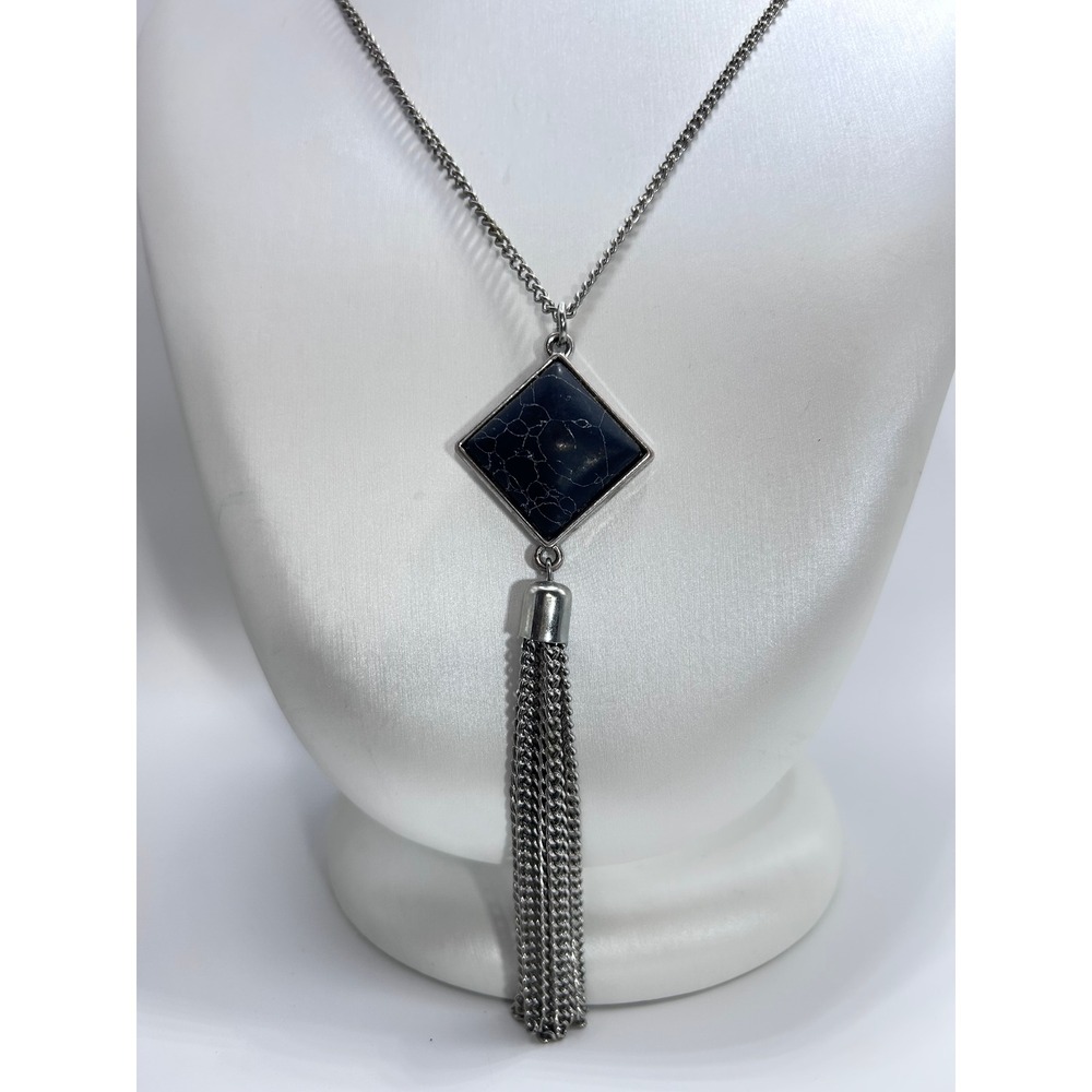 Tassel Necklace Women OS Black Unbranded Good Faux Marble Silver Tone Boho Long